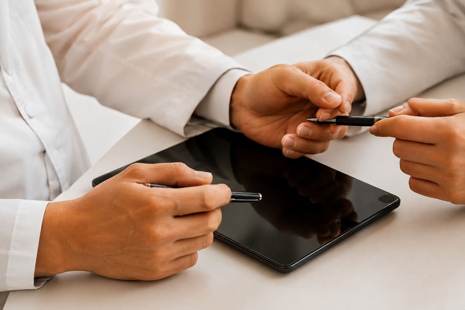 The hands of two people holding pens and a black tablet on a table.