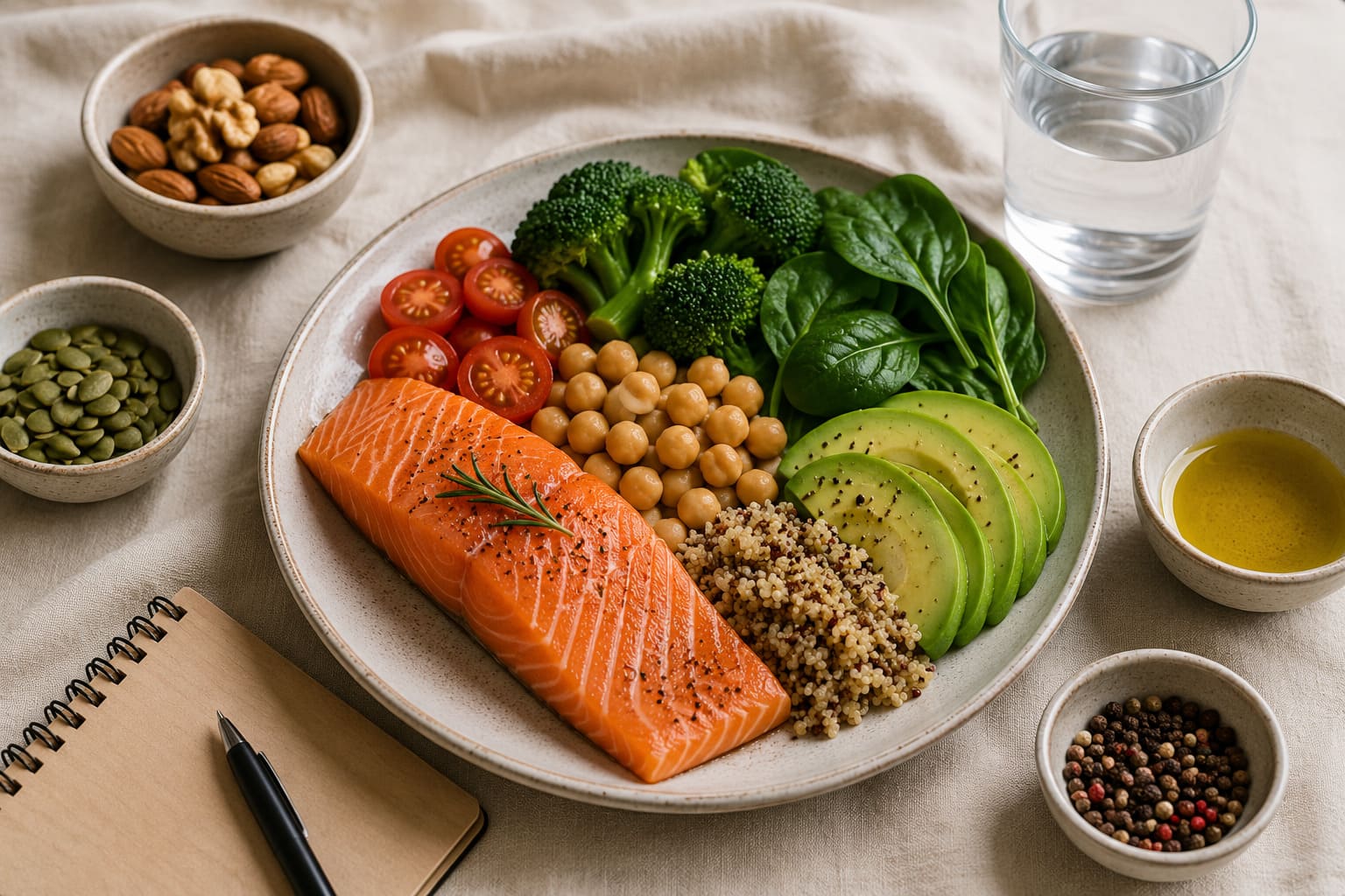 Dish with salmon, broccoli, spinach, avocado, chickpeas, and quinoa