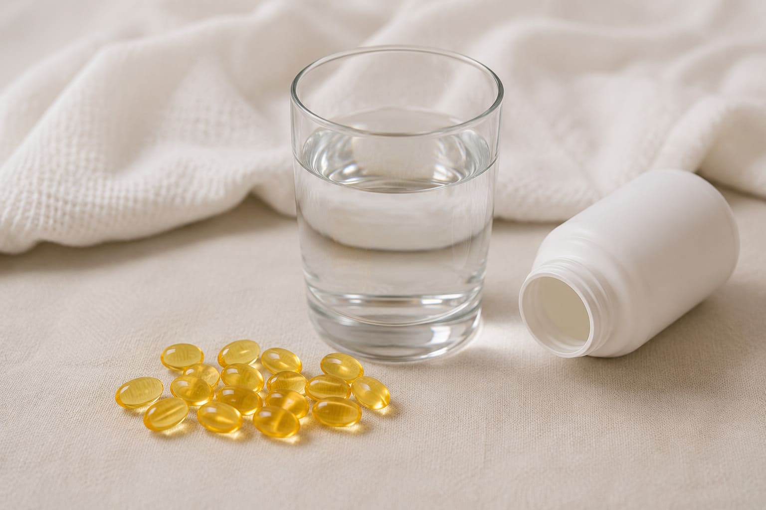 Yellow oil capsules next to a glass of water and a white bottle
