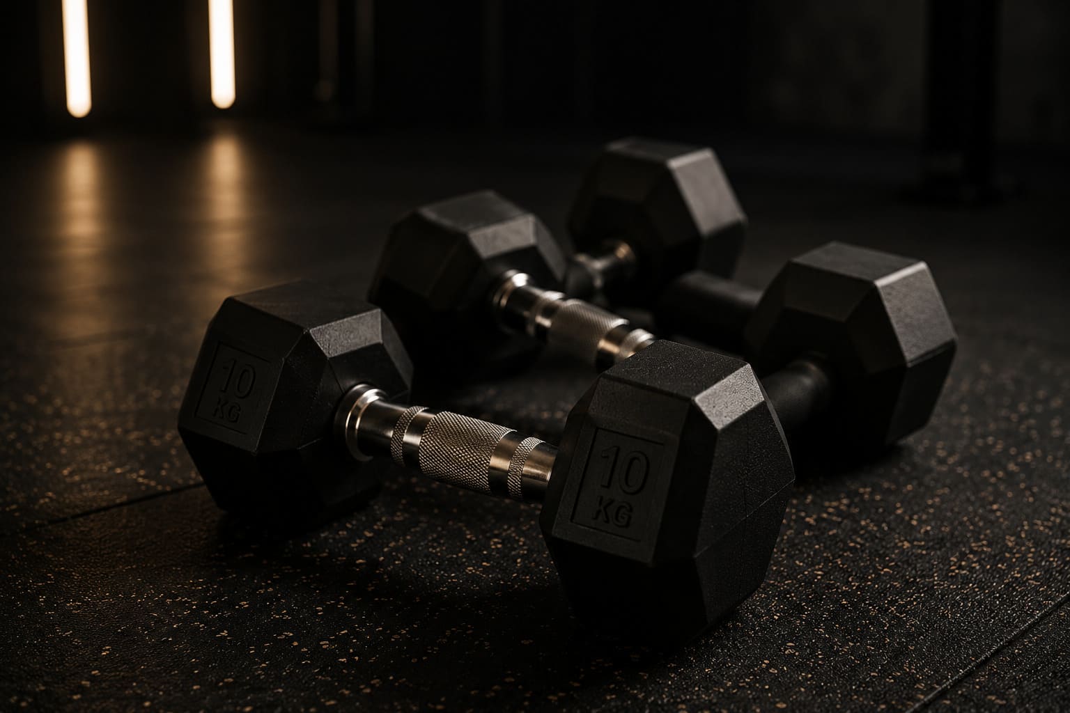 10-kg dumbbells on the floor of a gym
