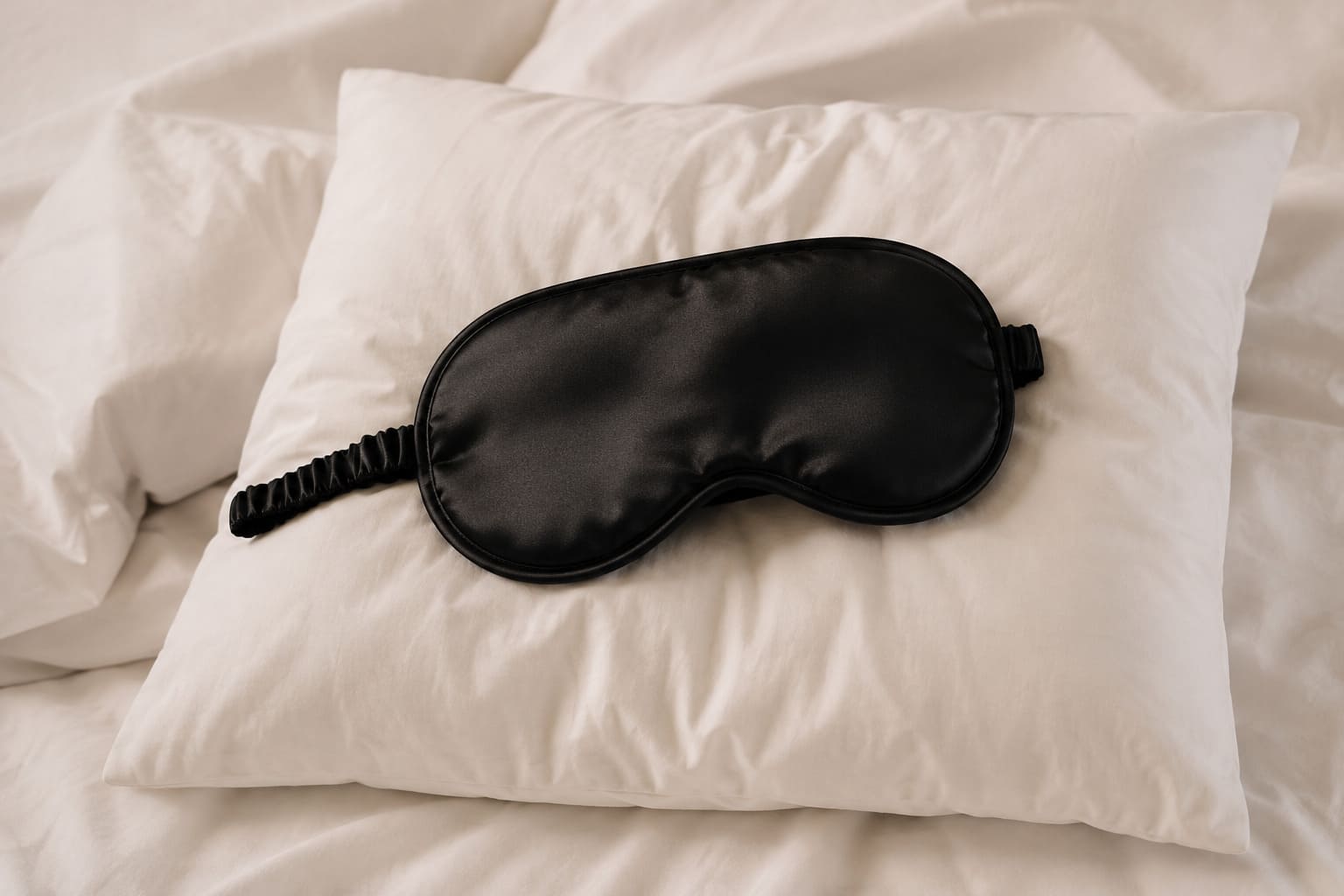 A black sleep mask placed on a white pillow on a bed