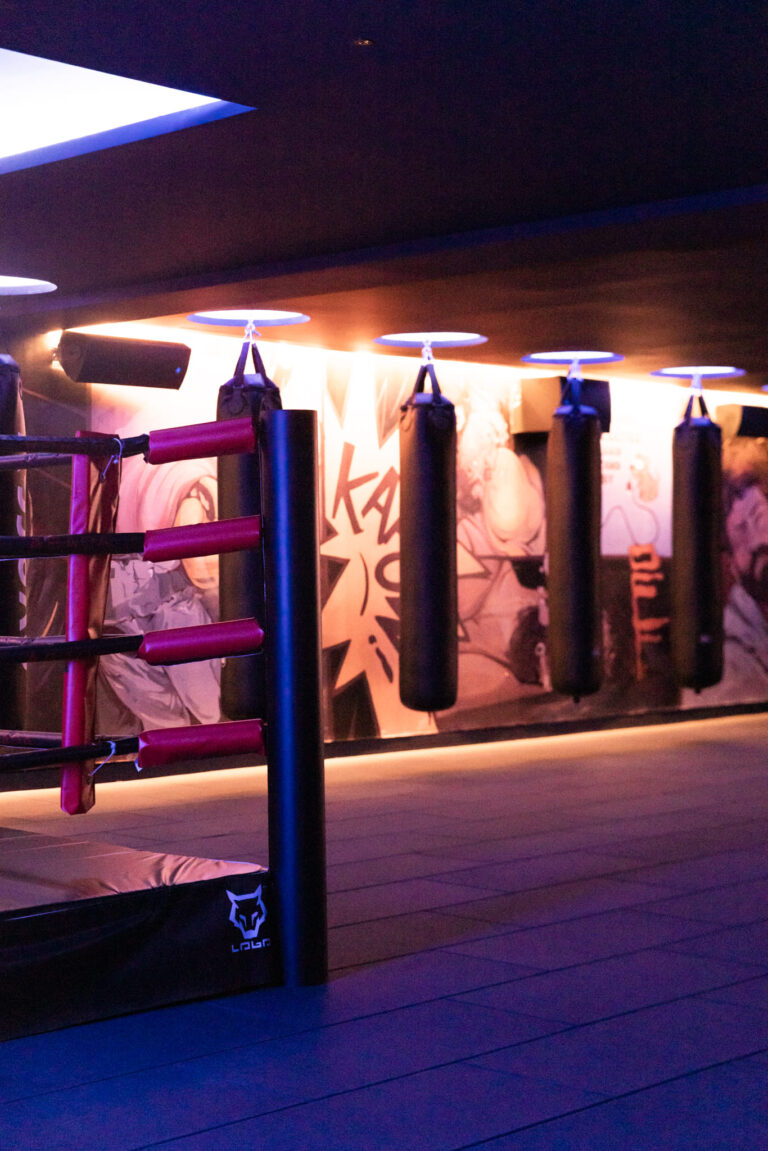 Sala de boxeo con sacos de entrenamiento colgados y decoración en la pared